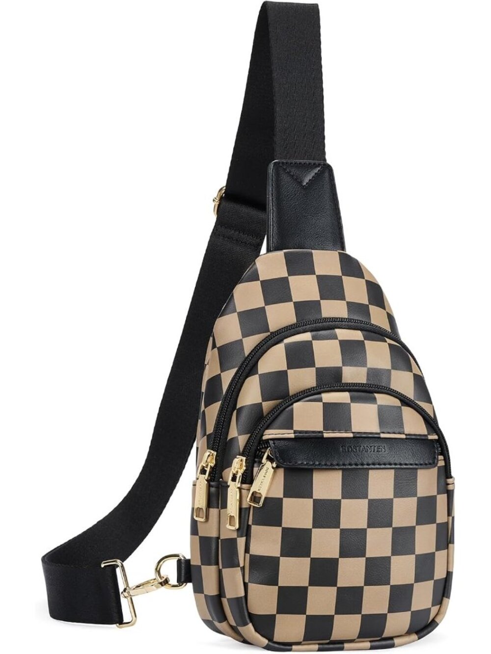 Women's Brown Leather Adjustable Strap Crossbody Checkered Black Sling Chest Bag